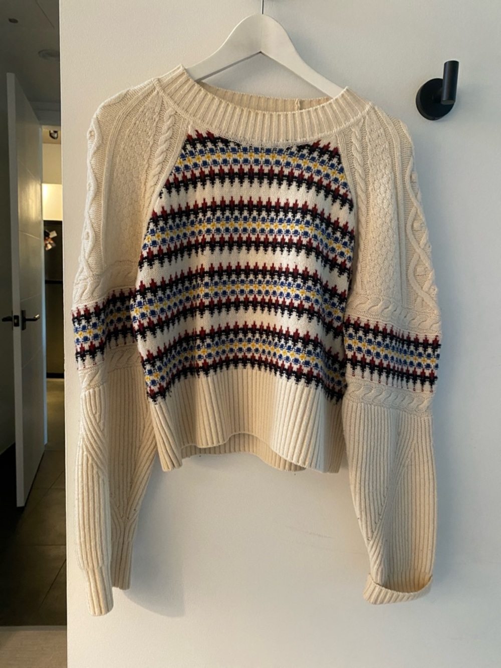 Veronica Beard Cream Fair Isle Cable-Knit Sweater with Multi-Color Pattern